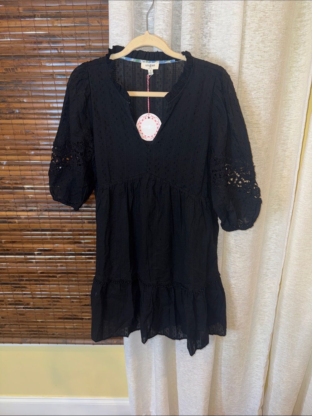 Ruffle Trim Black Eyelet Dress
